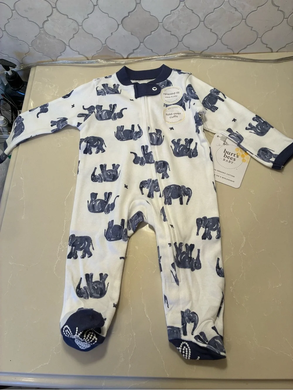 Burt's Bees Baby White Footed One-Piece with Navy Elephant Print